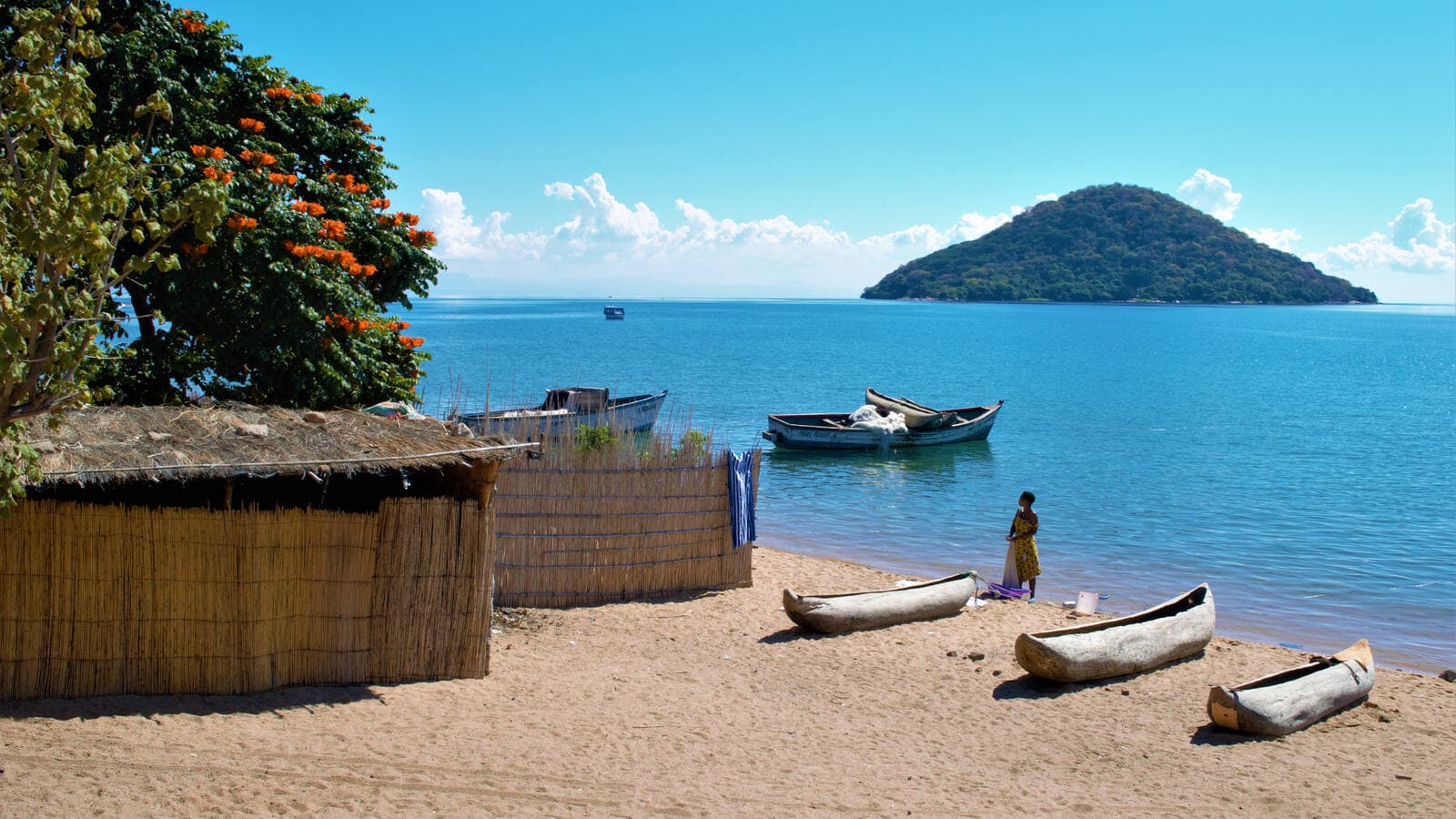 Sandy beach with dugout canoes and boats on Lake Malawi shoreline